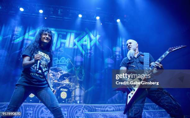 Singer Joey Belladonna, drummer Charlie Benante and guitarist/singer Scott Ian of Anthrax perform at Brooklyn Bowl Las Vegas on May 12, 2018 in Las...