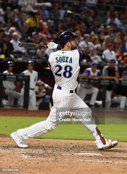 Steven Souza Jr of the Arizona Diamondbacks follows through on a swing against the Washington Nationals at Chase Field on May 10, 2018 in Phoenix,...