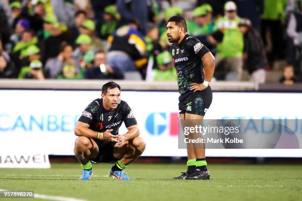 Jordan Rapana and Siliva Havili of the Raiders look dejected after defeat during the round 10 NRL match between the Canberra Raiders and the Cronulla...