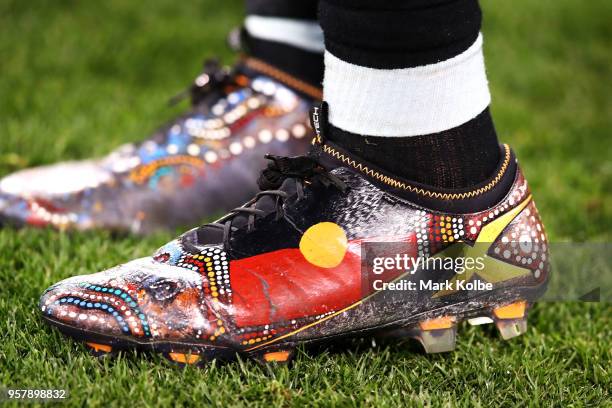 The boots of Andrew Fifita of the Sharks are seen during the round 10 NRL match between the Canberra Raiders and the Cronulla Sharks at GIO Stadium...