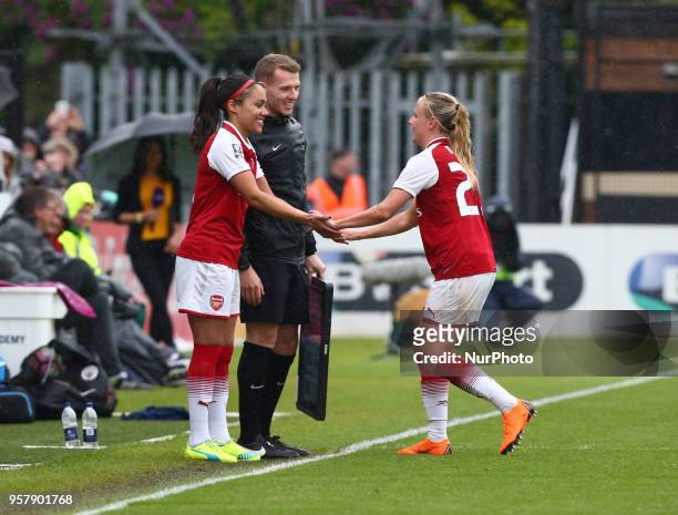 Alex Scott of Arsenal coming on for her last home game during Women's Super League 1 match between Arsenal against Manchester City Ladies at Meadow...