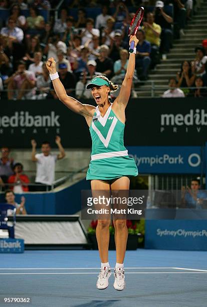 Elena Dementieva of Russia celebrates winning championship point in her final match against Serena Williams of USA during day six of the 2010...