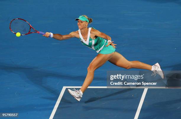 Elena Dementieva of Russia plays a forehand in her women's final match against Serena Williams of the USA during day six of the 2010 Mediabank...