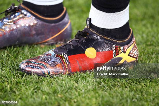 The boots of Andrew Fifita of the Sharks are seen during the round 10 NRL match between the Canberra Raiders and the Cronulla Sharks at GIO Stadium...