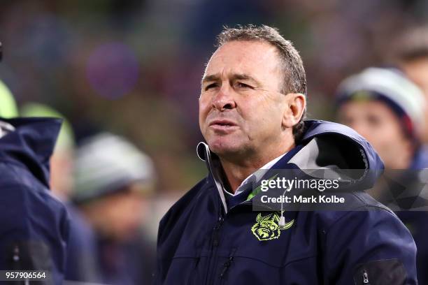 Raiders coach Ricky Stuart watches on during the round 10 NRL match between the Canberra Raiders and the Cronulla Sharks at GIO Stadium on May 13,...