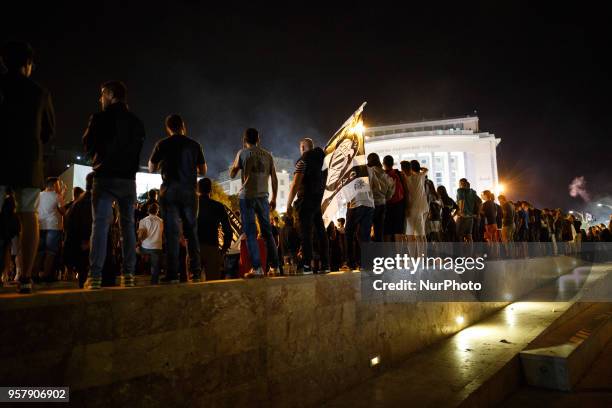 Paok fans celebration the win of the Final Cuo 2018 in Football against AEK Athens, at the White Tower of Thessaloniki, Greece on May 12, 2018....