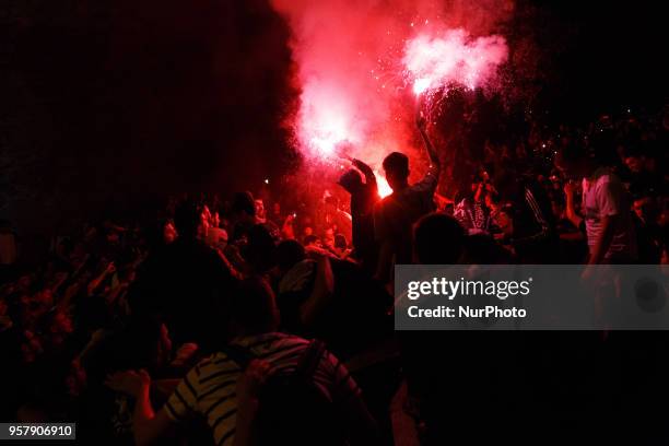 Paok fans celebration the win of the Final Cuo 2018 in Football against AEK Athens, at the White Tower of Thessaloniki, Greece on May 12, 2018....