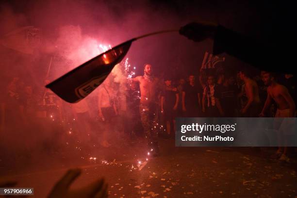 Paok fans celebration the win of the Final Cuo 2018 in Football against AEK Athens, at the White Tower of Thessaloniki, Greece on May 12, 2018....