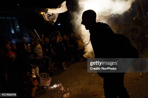 Paok fans celebration the win of the Final Cuo 2018 in Football against AEK Athens, at the White Tower of Thessaloniki, Greece on May 12, 2018....