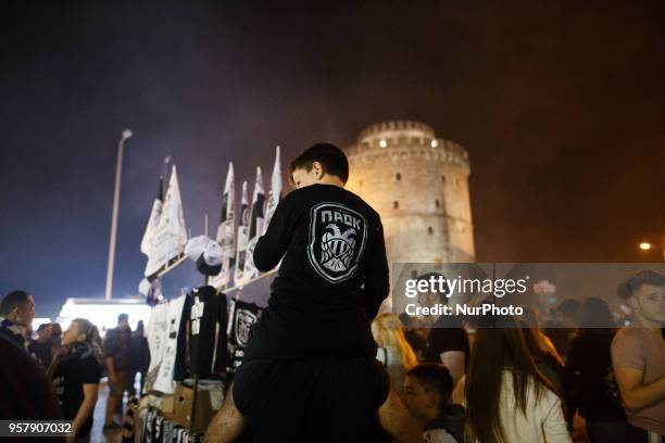 Paok fans celebration the win of the Final Cuo 2018 in Football against AEK Athens, at the White Tower of Thessaloniki, Greece on May 12, 2018....