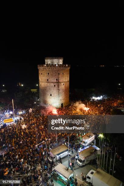 Paok fans celebration the win of the Final Cuo 2018 in Football against AEK Athens, at the White Tower of Thessaloniki, Greece on May 12, 2018....