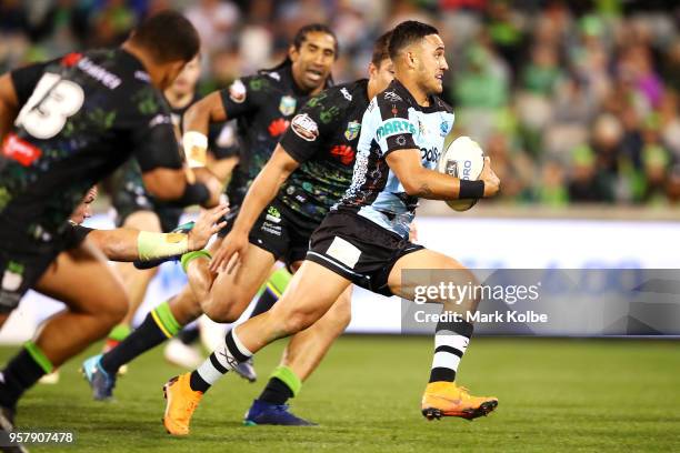 Valentine Holmes of the Sharks makes a break during the round 10 NRL match between the Canberra Raiders and the Cronulla Sharks at GIO Stadium on May...