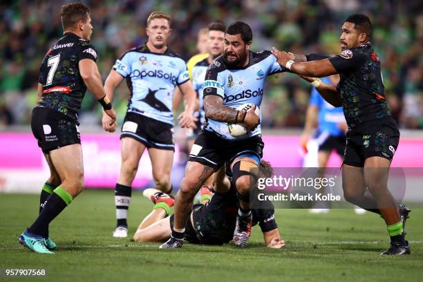 Andrew Fifita of the Sharks runs the ball during the round 10 NRL match between the Canberra Raiders and the Cronulla Sharks at GIO Stadium on May...