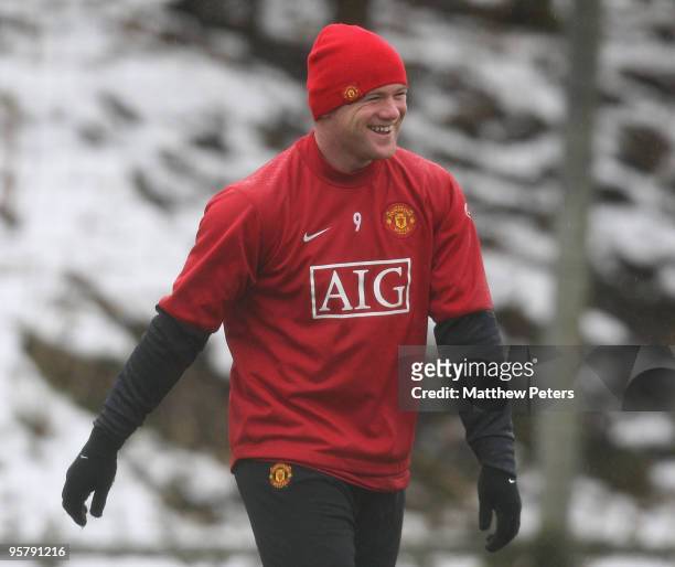 Wayne Rooney of Manchester United smiles during a First Team Training Session at Carrington Training Ground on January 15 2010, in Manchester,...