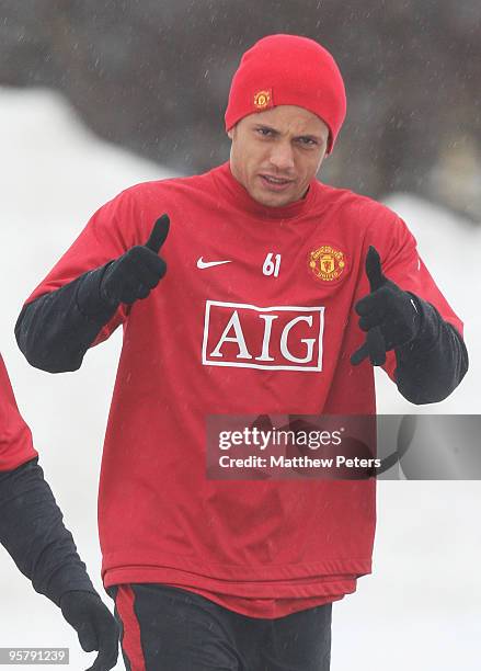 Wes Brown of Manchester United gives a thumbs up during a First Team Training Session at Carrington Training Ground on January 15 2010, in...