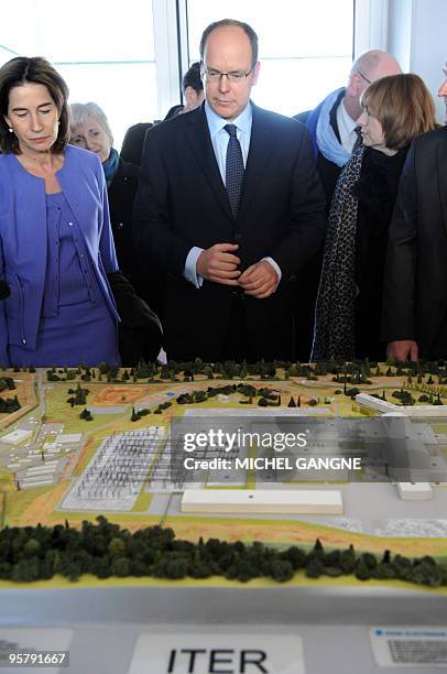 Prince Albert II of Monaco looks at a model of the construction site for International Thermonuclear Experimental Reactor site in...