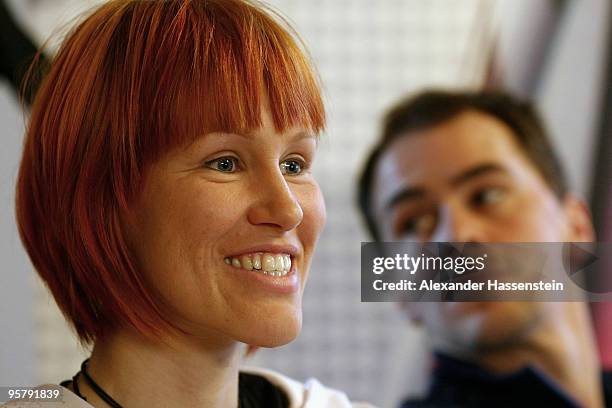 Kati Wilhelm and Michael Greis of Germany look on during a press conference of the launch of the new Madshus ski on January 15, 2010 in Ruhpolding,...