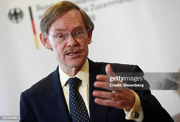 Robert Zoellick, president of the World Bank Group, gestures while speaking at a press conference in the German Federal Ministry for Economic...