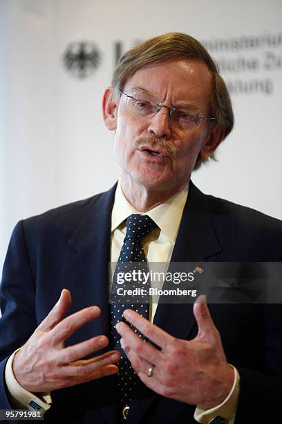Robert Zoellick, president of the World Bank Group, gestures while speaking at a press conference in the German Federal Ministry for Economic...