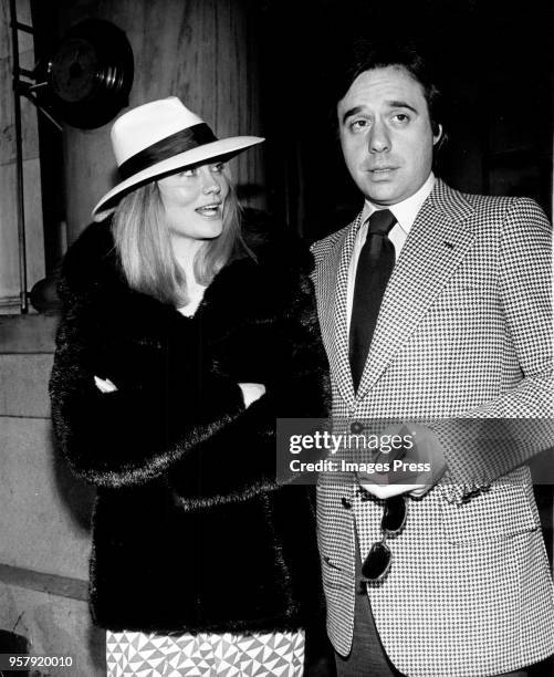 Actress Cybill Shepherd and director Peter Bogdanovich photographed outside The Plaza Hotel in New York City, circa 1974.