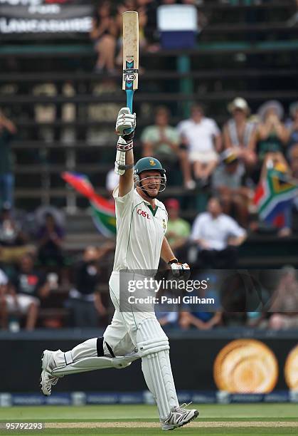 Graeme Smith of South Africa celebrates making a century during day two of the fourth test match between South Africa and England at The Wanderers...