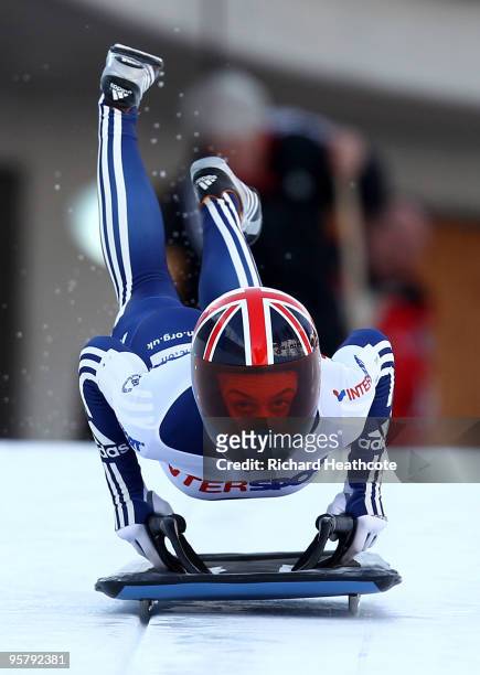Amy Williams of Great Britian in action during the Women's FIBT Skeleton World Cup round 7 at the Olympic Bobrun on January 15, 2010 in St Moritz,...