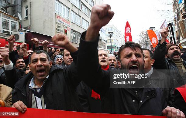 Turkish workers of the state tobacco company Tekel shout anti-government slogans on the 32nd day of their protest in Ankara on January 15, 2010. AFP...