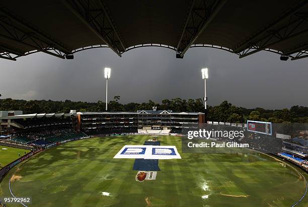 General view of the rain soaked outfield and stadium during day two of the fourth test match between South Africa and England at The Wanderers...