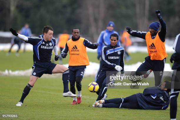 John Terry, Gael Kakuta, Florent Malouda, Nicolas Anelka and Ricardo Carvalho of Chelsea during a training session at the Cobham training ground on...