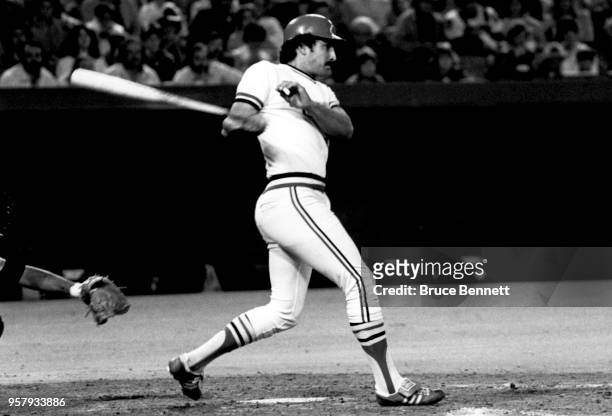 Keith Hernandez of the St. Louis Cardinals swings at the pitch during an MLB game circa 1981 at Busch Stadium in St. Louis, Missouri.