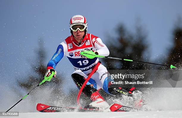 Carlo Janka of Switzerland in action during the FIS Ski World Cup Men's Super Combined Slalom on January 15, 2010 in Wengen, Switzerland.