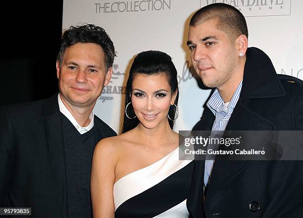 Jason Binn, Rob Kardashian and Kim Kardashian arrive at Ocean Drive Magazine's 17th Anniversary Party on January 14, 2010 in Miami Beach, Florida.