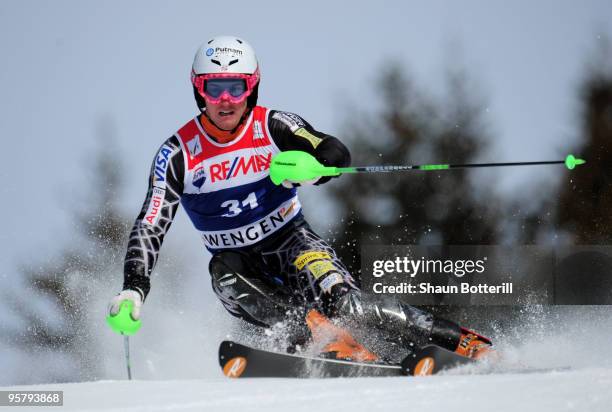 Ted Ligety of USA in action during the FIS Ski World Cup Men's Super Combined Slalom on January 15, 2010 in Wengen, Switzerland.