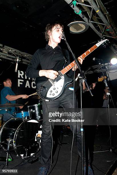 Pete Doherty of Babyshambles performs on stage at The Rhythm Factory on January 14, 2010 in London, England.