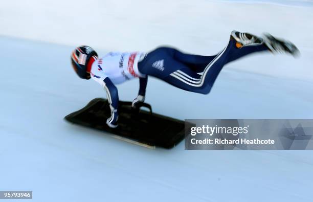 Amy Williams of Great Britian in action during the Women's FIBT Skeleton World Cup round 7 at the Olympic Bobrun on January 15, 2010 in St Moritz,...