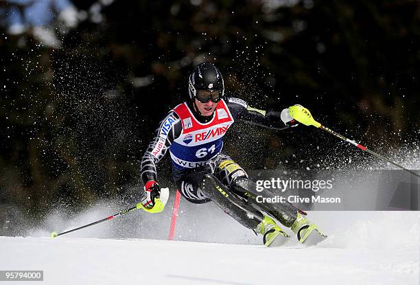 Tim Jitloff of USA in action during the Mens Super Combined Slalom event on January 15, 2010 in Wengen, Switzerland.