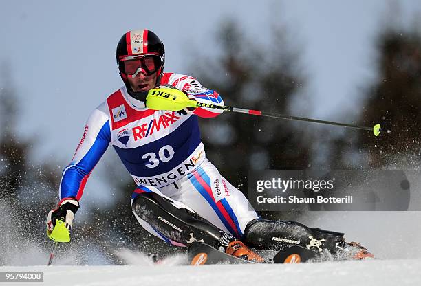 Adrien Theaux of France in action during the FIS Ski World Cup Men's Super Combined Slalom on January 15, 2010 in Wengen, Switzerland.