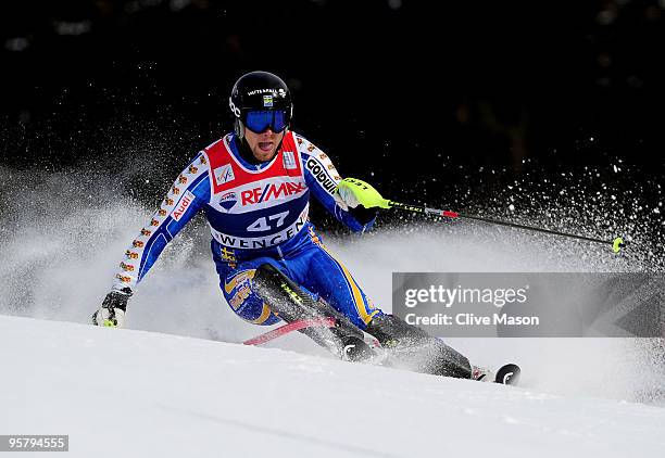 Hans Olsson of Sweden in action during the Mens Super Combined Slalom event on January 15, 2010 in Wengen, Switzerland.