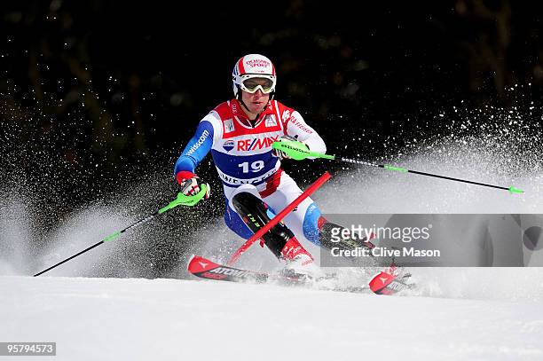 Carlo Janka of Switzerland in action during the Mens Super Combined Slalom event on January 15, 2010 in Wengen, Switzerland.