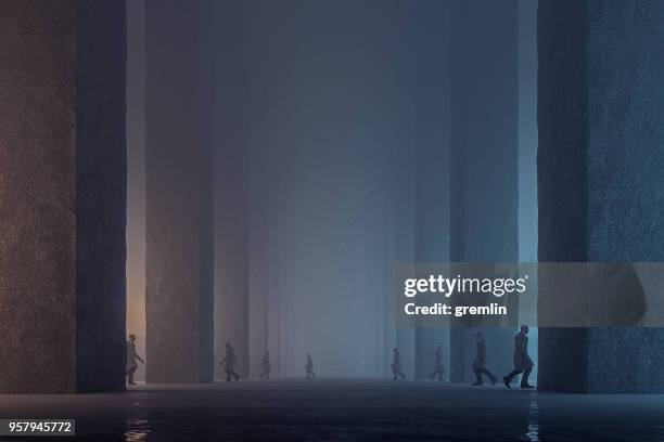 lost men walking in dark foggy futuristic streets - conspiracy stock pictures, royalty-free photos & images