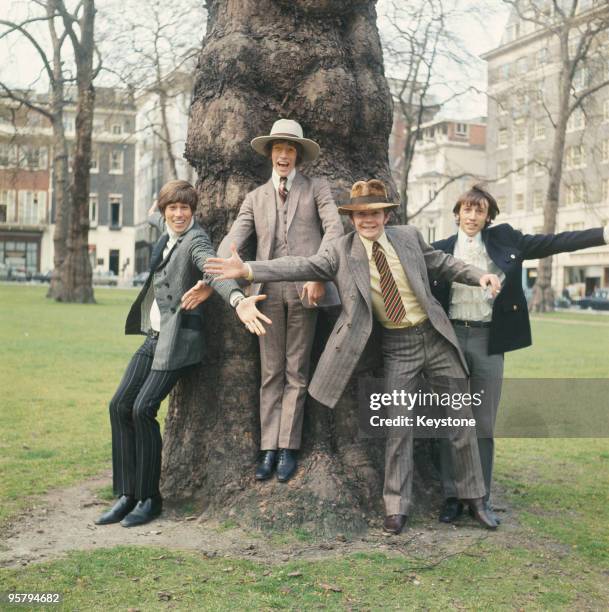 English pop group the Bee Gees in London, 24th April 1967. From left to right, Barry Gibb, Robin Gibb, drummer Colin Peterson and Maurice Gibb .