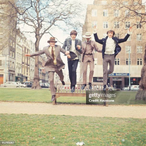 English pop group the Bee Gees in London, 24th April 1967. From left to right, drummer Colin Peterson, Barry Gibb, Robin Gibb and Maurice Gibb .