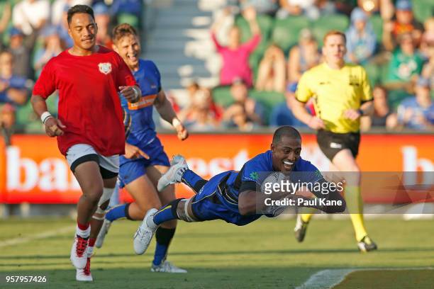 Marcel Brache of the Force crosses for a try during the World Series Rugby match between the Force and Tonga at nib Stadium on May 13, 2018 in Perth,...