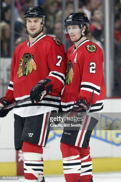 Brent Seabrook and Duncan Keith of the Chicago Blackhawks talk in between play during the game against the Anaheim Ducks on January 10, 2010 at the...