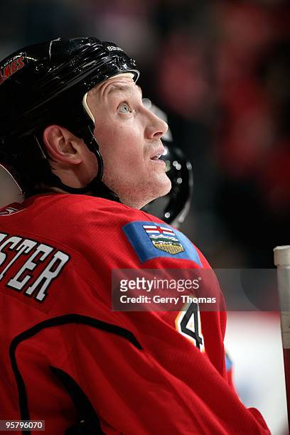 Jay Bouwmeester of the Calgary Flames skates against the Columbus Blue Jackets on January 8, 2010 at Pengrowth Saddledome in Calgary, Alberta,...