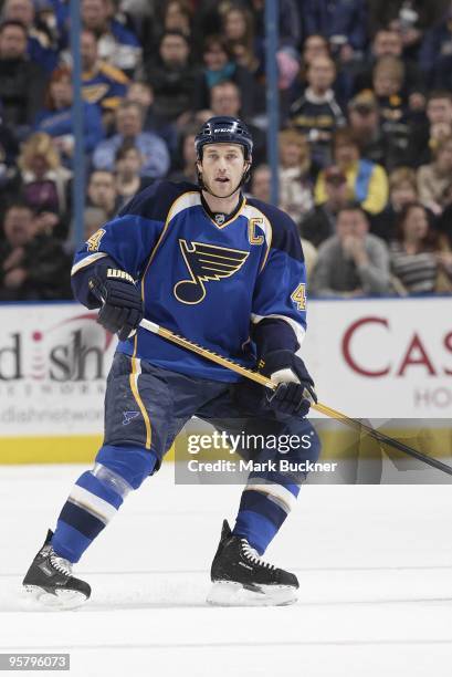 Eric Brewer of the St. Louis Blues skates against the Minnesota Wild on January 14, 2010 at Scottrade Center in St. Louis, Missouri.