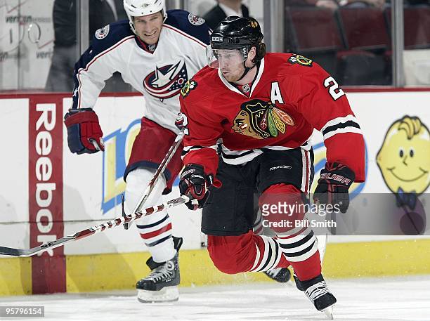 Duncan Keith of the Chicago Blackhawks chases after the puck during a game against the Columbus Blue Jackets on January 14, 2010 at the United Center...
