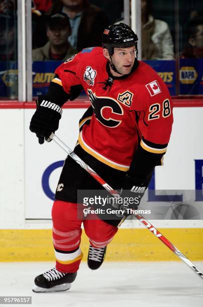 Robyn Regehr of the Calgary Flames skates against the Columbus Blue Jackets on January 8, 2010 at Pengrowth Saddledome in Calgary, Alberta, Canada....