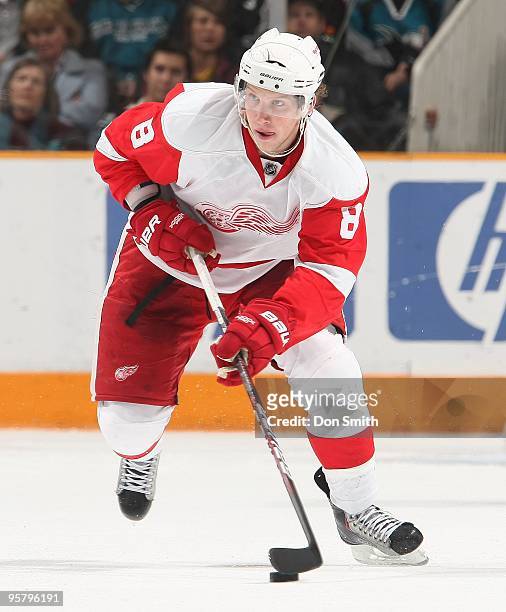 Justin Abdelkader of the Detroit Red Wings skates with the puck during an NHL game against the San Jose Sharks on January 9, 2010 at HP Pavilion at...