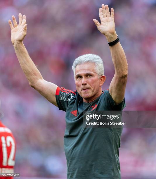 Head coach Jupp Heynckes of FC Bayern Muenchen waves to his fans during a farewell ceremony prior to the Bundesliga match between FC Bayern Muenchen...